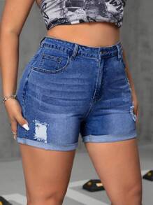 SHEIN ICON Plus Size Women's Pocketed Ripped Rolled Hem Casual Versatile Denim Shorts - Medium Wash - View 6