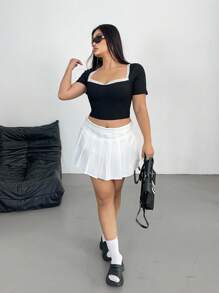 POPSWAY Plus Size Deep V-Neck Tie-Dye Graphic Print Drawstring T-Shirt - Black - View 5