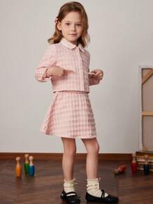 PrepCrw Conjunto de Jaqueta Ajustada Tipo Universitário Tecida e Saia Míni em Jacquard Estampa Pied-de-Poule Rosa, Primavera/Verão, Meninas Jovens - Rosa chiclete - Visão 5