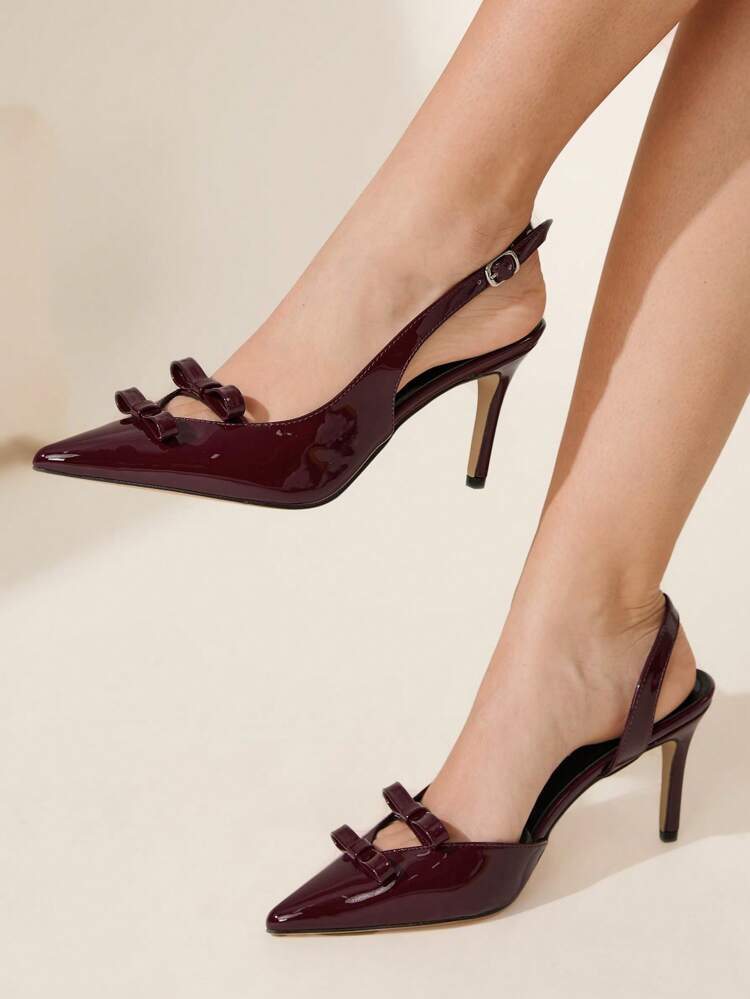 CUCCOO CHICEST Tacones altos elegantes para mujer con decoración de lazo, punta afilada, cuero sintético de charol, uso romántico para fiestas y oficina, color rojo vino para el Día de San Valentín