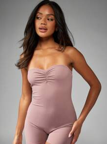 MISSGUIDED Strapless Bandeau Unitard Playsuit Stretchy Compression Bodysuit Form-Fitting Workout Athletic Dance Performance Short Jumpsuit Party Club Festival Summer Spring - Dusty Purple - View 3