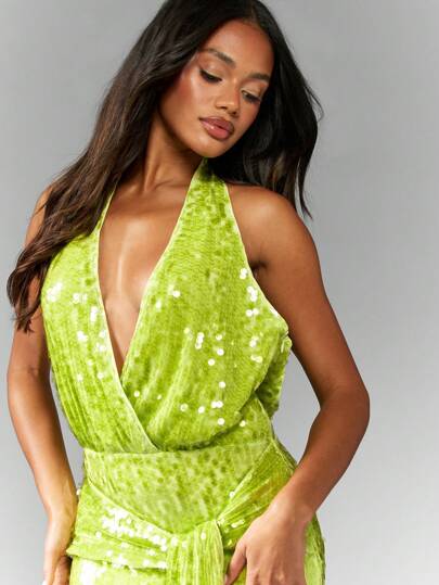 missguided green sequin dress Neon Green Cut Out Rib High Neck Dress main image 0