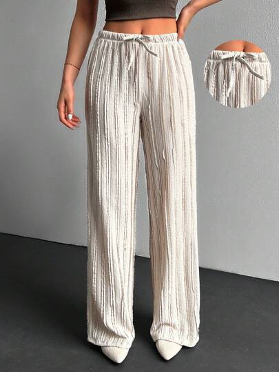 EURMUSE Petite maat damesbroek met textuurstof, trekkoord en rechte pasvorm, geschikt voor elke dag