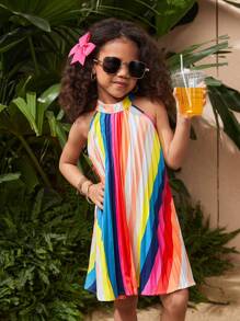 SHEIN Young Girl's Sleeveless Geometric Pattern Pleated Neck Chiffon Dress, Vacation Wear For Spring/Summer - White - View 4
