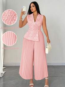 SHEIN Clasi Taglia grande Tuta elegante da donna in jacquard plissettato con colletto - Rosa Baby - Visualizzare 1