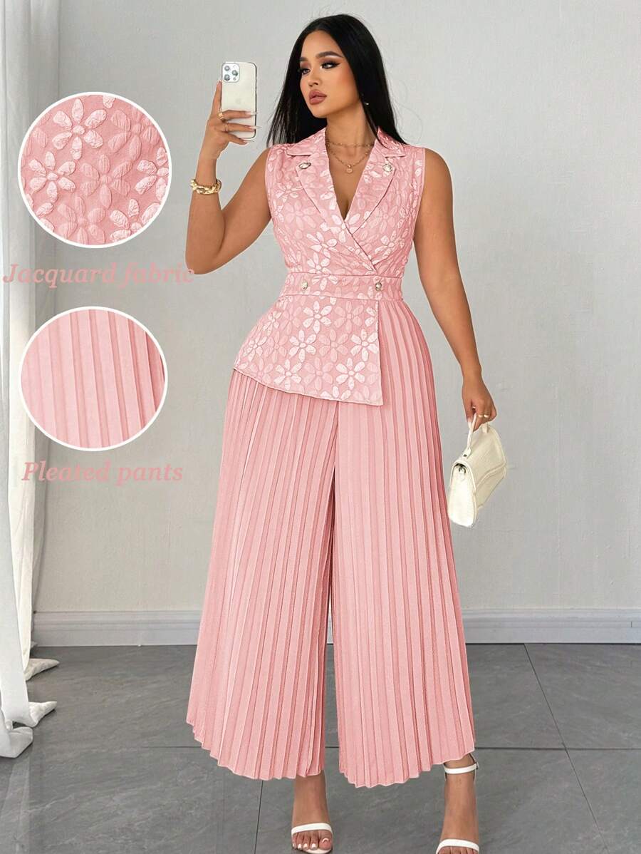 SHEIN Clasi Taglia grande Tuta elegante da donna in jacquard plissettato con colletto - Rosa Baby - Visualizzare 1