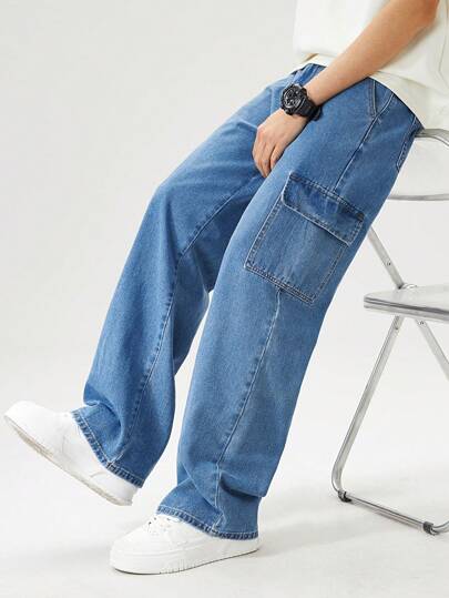 SHEIN Teen Boys' Elastic Waist Loose Fit Casual Outdoor Cargo Jeans, Versatile & Comfortable, Relaxed Style, Suitable For Daily Wear, Vacation, Travel, Gatherings, And Campus Life, New Arrival For Fall 2025 & Spring 2026