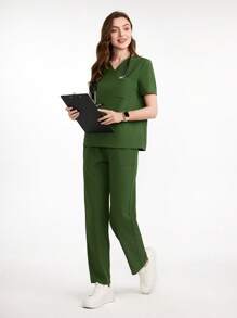 Scrubzie Conjunto de uniforme de enfermería de unicolor con parte superior de manga corta y pantalones - Verde - Ver 7