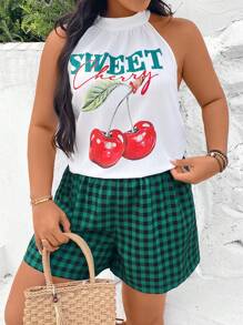 SHEIN VCAY 2pc Plus Size Sleeveless Top And Shorts Set,White,Summer,Casual,Beach,Holiday Cherry Vacation Outfits Green Pants St Pattys Day Off Shoulder - Green - View 4