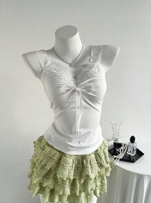 SHEIN Unity Áo ba lỗ ren chắp vá buộc phía trước cho nữ, mùa hè - trắng - Xem 5