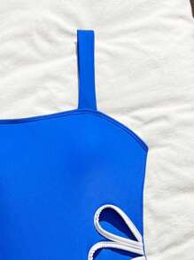 SHEIN Nuevo traje de baño de una pieza con corte hueco lateral en color liso para adolescentes a la moda - azul real - Ver 3