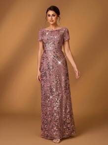 Serin 优雅奢华粉色亮片刺绣圆领泡泡袖 A 字下摆连衣裙，适合晚会、舞会、音乐节、约会、度假、婚礼、新娘母亲礼服、春夏季 - 藕粉色 - 查看 2