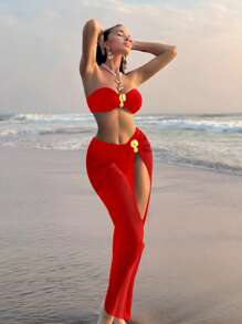 Swim Oasis 3 件套 Springbreak 新款纯色抹胸比基尼套装带金属装饰，搭配网纱裙，优雅性感成人假日海滩派对女式泳装 - 紅色 - 查看 3