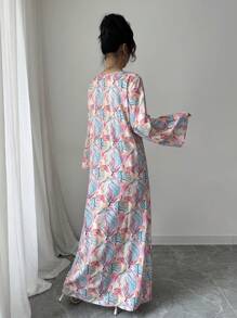 Yasmyna 女式V领长袖亮片刺绣彩色印花宽松优雅浪漫阿拉伯连衣裙女式夏季朴素长袍 - 彩色 - 查看 2