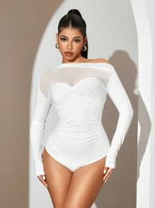 Sirith 1 件性感黑色网眼拼布不对称领口褶皱连体紧身衣女款