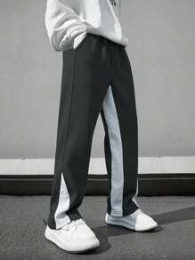 SHEIN Pantalón de chándal de pierna acampanada con parches de colores contrastantes para adolescentes