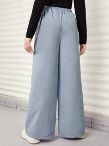 Quần ống loe cạp cao có túi giả cho bé gái/thanh thiếu niên, thanh lịch khi đi làm - Màu xanh nhạt - Xem 2