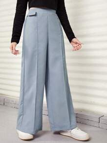 Quần ống loe cạp cao có túi giả cho bé gái/thanh thiếu niên, thanh lịch khi đi làm - Màu xanh nhạt - Xem 5