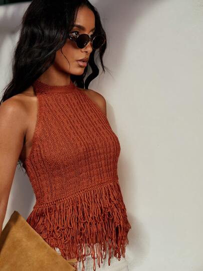 COSMINA Top de punto tipo camiseta sin espalda con flecos en el bajo para mujer de unicolor