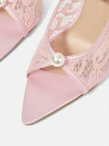 CUCCOO HITCHD 女士新款踝带尖头珍珠装饰粗跟优雅浪漫时尚淡粉色网眼蕾丝高跟凉鞋，新娘婚礼派对晚礼服鞋 - 粉色 - 查看 12