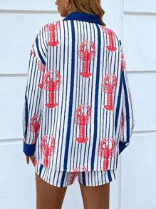 EMERY ROSE Plus Size Women 2pcs Set: Loose Fit Contrast Color Striped Lobster Pattern Long Sleeve Shirt And Shorts, Suitable For Vacation, Beach, Commuting And Other Occasions, Spring/Summer - Multicolor - View 2
