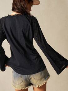 Bohemela Semi-Transparent Lace And Knitted Button V-Neck Flared Long-Sleeved Slightly Stretchy Women's Top - Black - View 2
