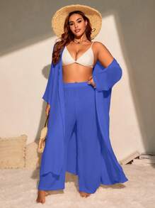 Slaydiva 2pcs Basic Casual Long Cover Up Set, Plus Size For Summer Beach Vacation - Royal Blue - View 3