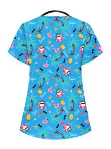 PopScrub Cartoon Print V-Neck Short Sleeve Pocket Scrub Uniform Shirt Scrub Sets For Scrub Sets Nurse Scrub Sets Women Scrubs For Women,Women's Fashion Casual Sports Scrub Tops, Business Women Clothing, Women's Summer Tops Multi-Occasion Wear Versatility, Women's Summer Beach Shirts,Tops With Cute Puppies, Bees, Insects, Kittens, Flowers, Grass, Trees, Hearts, Clouds, Ice Cream, Donuts, Butterflies, Starfish, Tie-Dye And Other Printed Patterns - Blue - View 2