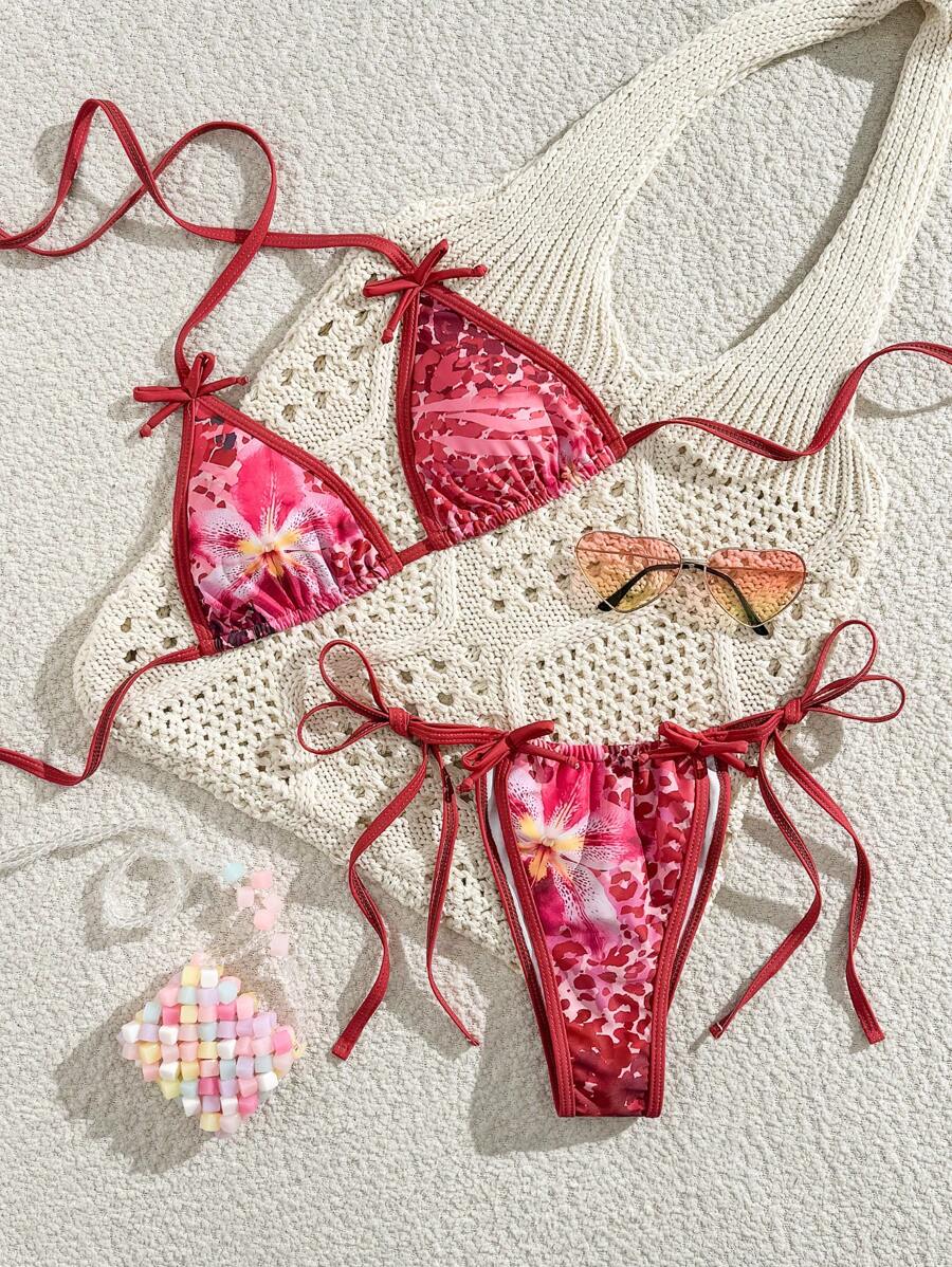 Swim Mod Bộ 2 chiếc/Bộ áo hở cổ in hoa và quần bikini buộc dây bên hông Bộ bikini đi biển thời trang mùa hè - Nhiều màu - Xem 1