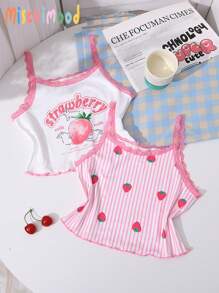 Tween Girls Pink Lace Trim Fruit Strawberry Striped Print Summer Style 2pcs Bra Set