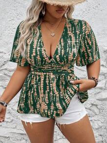 Franclia Women's Random Printed Deep V Plus Size Shirt Peplum Top