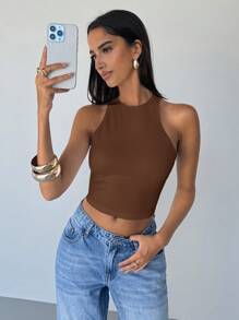 Aloruh 女士性感纯色露背交叉背心，夏季 - 棕色 - 查看 2