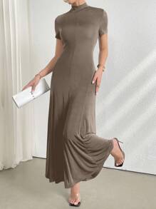 Modelyn 女式简约纯色小立领短袖飘逸连衣裙，夏季 - 駝色 - 查看 4