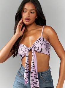 MISSGUIDED Sommer Festival Crop Top mit Bindedetail, Bralette mit Zebramuster, verstellbare Träger, kurzes Top für Strand, Club, Party, Lässig, süße Y2K Mode - Violett - Übersicht 5
