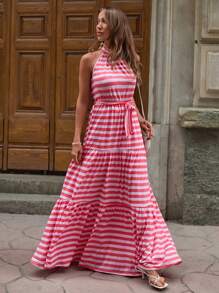 EURMUSE 度假风格，挂脖条纹分层长裙