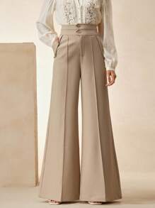 Anewsta 优雅都市时尚高腰喇叭双扣西装裤，适合女士商务休闲装、正装、春夏装 - 卡其色 - 查看 5