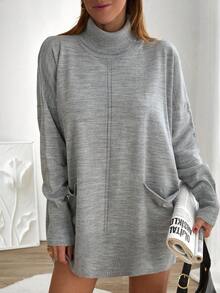 EURMUSE Women's High Neck Dropped Shoulder Long Sleeve Dual Pocket Casual Loose Knit Sweater Dress, Autumn/Winter - Grey - View 4
