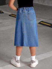 SHEIN Tween Girl'' Casual Denim Skirt With Front Slit, Fashionable And Versatile Fall Winter
