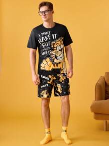 Funny Printed T-Shirt & Cartoon Tiger Loungewear Set For Men - Black - View 6