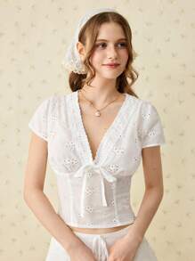 SHEIN MOD 女士刺绣蝴蝶结短袖衬衫，白色