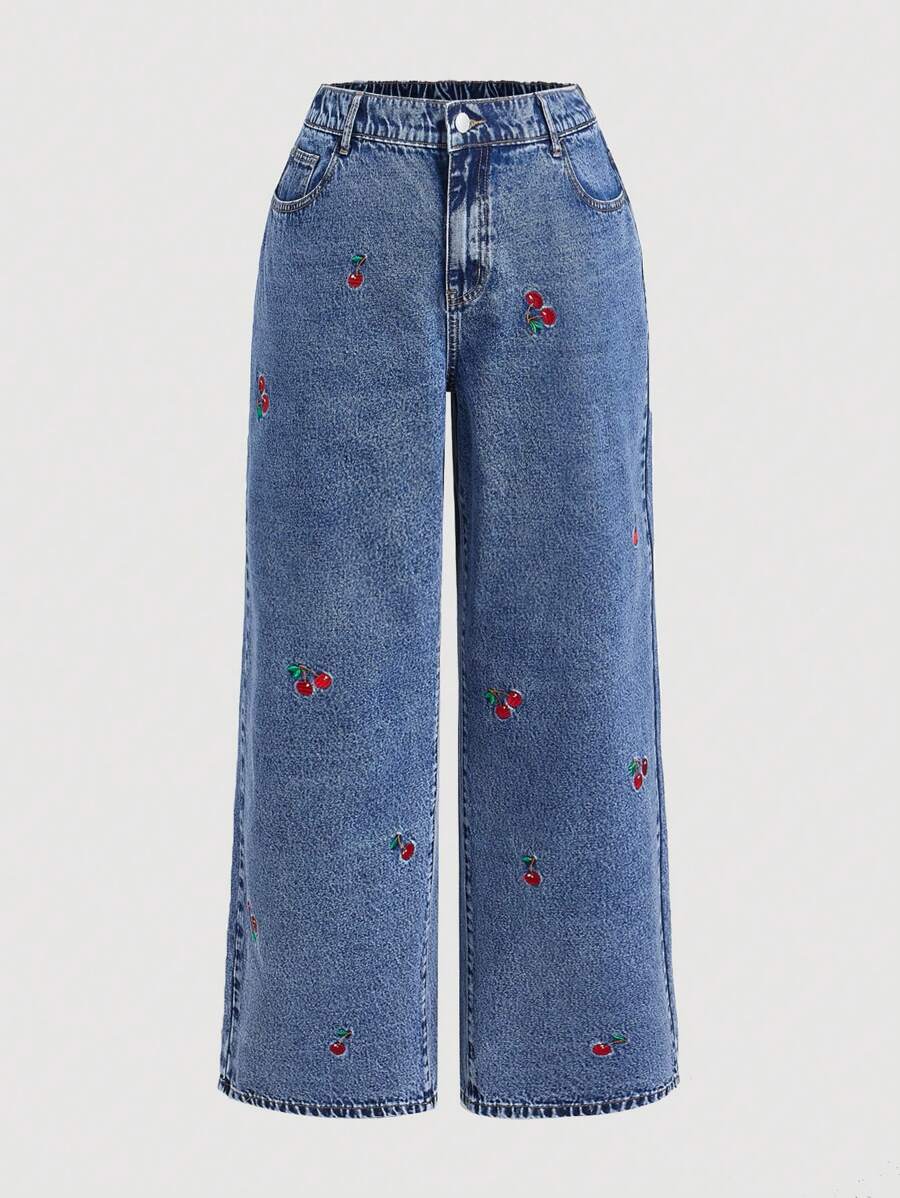 SHEIN MOD Women's Plus Size Dark Wash Denim Extra Long Jeans With Cherry Embroidery And Zipper Detail - Dark Wash - View 1