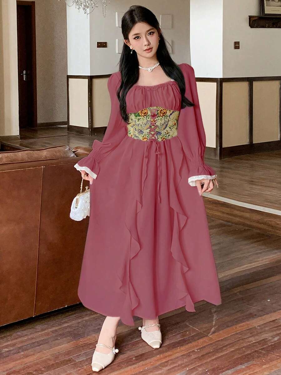 DAZY 女士宫廷风中长袖连衣裙,秋季荷叶边奢华舞会礼服,优雅女士连衣裙,女士碎花连衣裙 - 玫瑰紅 - 查看 1