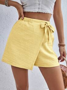 SHEIN Frenchy 夏季蝴蝶结装饰休闲女式舒适短裤 - 黃色 - 查看 3