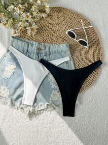 Swim Basics 2pcs/Set Women's Solid Black And White Sexy Slim-Fit Bikini Swimsuit Bottom