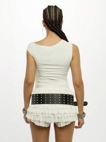 SUMWON WOMEN Designer Statement Tank Top Asymmetric One Shoulder Tie Detail Graphic Print Ruffle Mini Club Festival Party Summer Sleeveless Fitted Fashion Top - White - View 2