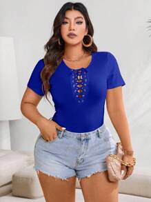Celure Plus Size Summer Casual Solid Color Cross Front Tie Short Sleeve Fitted T-Shirt - Royal Blue - View 4