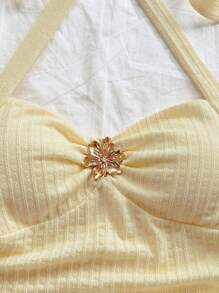 Soleia Canotta da donna con scollo a V, decorazione floreale e fibbia metallica, chiusura sul retro, aderente, tessuto strutturato, adatta per vacanza, appuntamento, tè pomeridiano, vacanza, festival musicali, stile bohémien, matrimonio all'aperto, primavera/estate