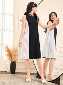 Vestido holgado de punto de cuello redondo elegante con parches plisados para adolescentes