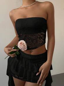 Aloruh 女士性感优雅蕾丝黑色抹胸和荷叶边下摆迷你裙两件套 - 黑色 - 查看 6