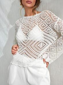 RueChic Femme Cache-col couleur unie à col rond et manches larges avec motif ajouré